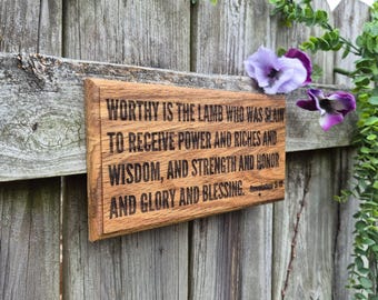 Engraved Oak Bible Verse Plaque – Revelation 5:12 Scripture Wall Art