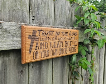 Bible Plaque "Trust in the Lord" - Hardwood Engraved Christian Wall Art Decoration - 13.5x5in - Proverbs 3:5 Scripture Passage