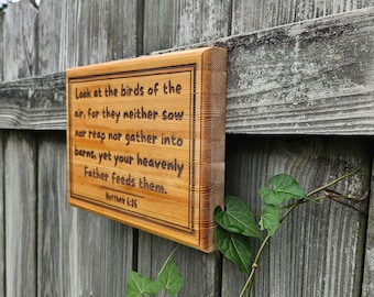Engraved Bible Rustic Wall Sign "Look at the Birds" - Inspiring Christian Hardwood Gift - 9.5x7in - Matthew 6:26 Scripture Passage