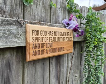 Engraved Oak Bible Verse Plaque – 2 Timothy 1:7 Scripture Wall Art