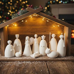 Könnte beinhalten: Eine Krippe aus Holz mit weißen Figuren, darunter Maria, Josef und das Jesuskind in einer Krippe. Der Stall ist mit Lichtern und Grün geschmückt, vor einem verschwommenen Hintergrund aus Weihnachtsbaum und Kaminfeuer.