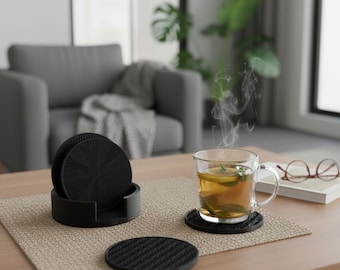 Geometric Coaster Set with Holder – Modern Black Drink Coasters – Housewarming Gift – Minimalist Coffee Table Decor | Living Room Decoration