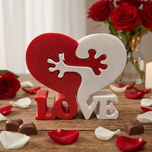 May include: A red and white heart-shaped sculpture with the word "LOVE" in red and white letters. The sculpture is on a wooden surface, surrounded by rose petals, chocolates, roses, and lit candles, creating a romantic theme.