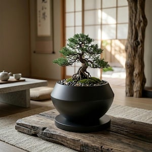 Può includere: Un bonsai con foglie verdi e radici visibili è piantato in un vaso nero e arrotondato. Il vaso poggia su una base abbinata, posta su un tavolo di legno invecchiato. La scena evoca serenità e natura.