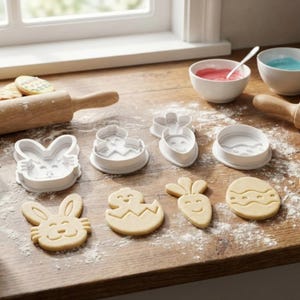 Könnte beinhalten: Auf einem Holztisch liegen Ausstecher für Osterkekse in Form eines Hasen, eines Küken, einer Karotte und eines Eis. Mehrere gebackene Kekse und Nudelrollen sind ebenfalls vorhanden, zusammen mit Schalen mit farbigem Zuckerguss und Streuseln.