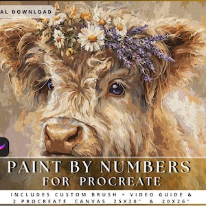Puede incluir: Descarga digital de un kit de pintura por números para Procreate. La imagen presenta una vaca de las Tierras Altas con una corona floral. El kit incluye un pincel personalizado, una guía en vídeo y dos lienzos Procreate, 63,5 cm x 50,8 cm y 50,8 cm x 66 cm.