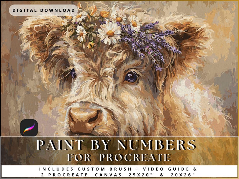 Procreate paint by number image of a fluffy highland cow wearing a wildflower crown, in warm earthy tones