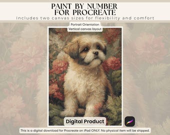 Shih Tzu Paint by Number for Procreate on iPad | Petals and Puppy Eyes | Color by Number Dog Portrait | Floral Digital PBN Canvas