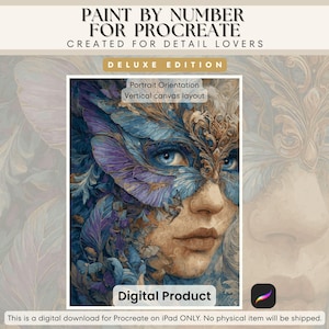 May include: Digital download for Procreate on iPad. The image features a detailed portrait with blue and purple accents, labeled "Paint by Number for Procreate." The deluxe edition showcases a vertical canvas layout, perfect for detail lovers.