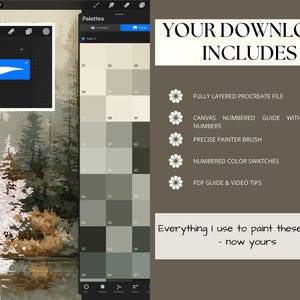 K&ouml;nnte beinhalten: Bild von digitalem Kunstzubeh&ouml;r. Das Bild enth&auml;lt eine Procreate-Oberfl&auml;che mit einer Pinselauswahl und einer Farbpalette. Der Text lautet "YOUR DOWNLOAD INCLUDES" und listet digitale Kunstwerkzeuge auf. Der Hintergrund zeigt ein Landschaftsgem&auml;lde.