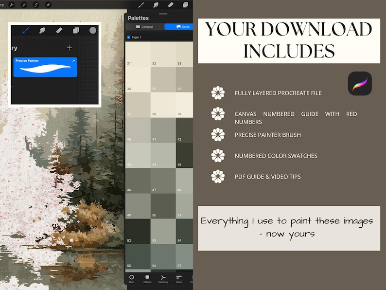 K&ouml;nnte beinhalten: Bild von digitalem Kunstzubeh&ouml;r. Das Bild enth&auml;lt eine Procreate-Oberfl&auml;che mit einer Pinselauswahl und einer Farbpalette. Der Text lautet "YOUR DOWNLOAD INCLUDES" und listet digitale Kunstwerkzeuge auf. Der Hintergrund zeigt ein Landschaftsgem&auml;lde.