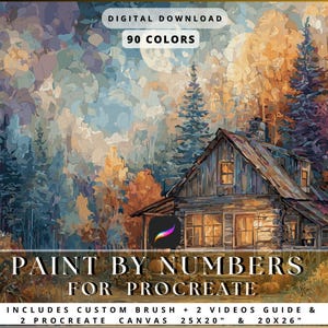 May include: Digital download of a paint-by-numbers landscape scene for Procreate. The image features a rustic cabin in a forest with fall colors. Includes custom brush, 2 videos, and 2 Procreate canvases, 25x20" and 20x26".