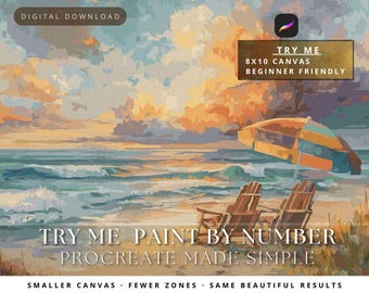 Procreate Color by Number ‚ Tide & Tranquility (Try Me) | Beach Chairs  Sunset Scene | 66 Colors,  * ONLY   1,836 Zones