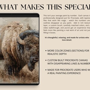 K&ouml;nnte beinhalten: Digitales Gem&auml;lde eines Bisons auf einem Tablet-Bildschirm. Das Kunstwerk zeigt eine detaillierte Darstellung des Tieres mit braunem und beigem Fell, vor dem Hintergrund von hohem Gras. Der Text oben lautet "WHAT MAKES THIS SPECIAL".