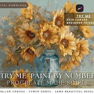 以下が含まれることがあります： 青い瓶に入ったひまわりの花束を描いた、数字でペイントする画像のデジタルダウンロード。 ひまわりは黄色とオレンジ色で、緑の葉が付いています。 画像のテキストは「Try Me Paint by Number Procreate Made Simple」と表示されています。 キャンバスサイズは20.32 x 25.4 cmです。