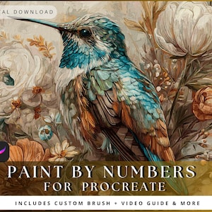 May include: Digital download of a watercolor painting of a hummingbird with blue, green, and brown feathers, surrounded by flowers. The image includes the text "PAINT BY NUMBERS FOR PROCREATE" and "INCLUDES CUSTOM BRUSH + VIDEO GUIDE & MORE".