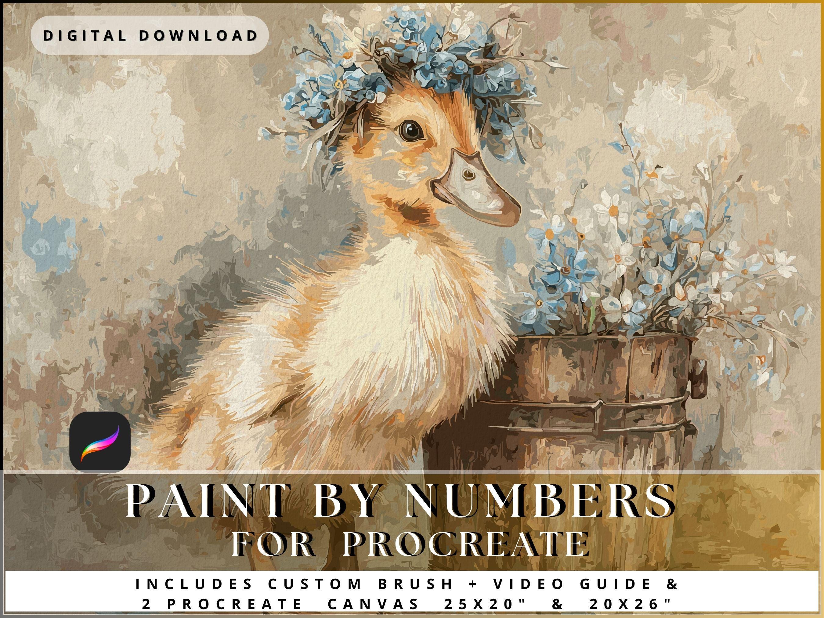 Pinta por números para Procreate – Patito con nomeolvides | 69 colores, 10,394 zonas | Lienzo para iPad + Pincel