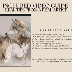 K&ouml;nnte beinhalten: Bild eines digitalen Kunst-Tutorials mit einer Wolfsillustration im Aquarellstil. Das Bild enth&auml;lt den Text: "INCLUDED VIDEO GUIDE REAL TIPS FROM A REAL ARTIST" und eine Liste von Procreate-Videothemen.