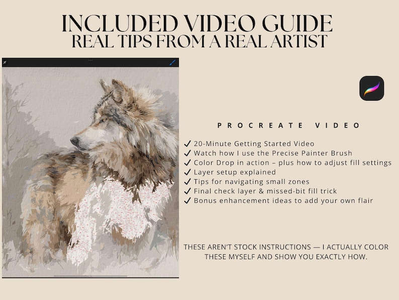 K&ouml;nnte beinhalten: Bild eines digitalen Kunst-Tutorials mit einer Wolfsillustration im Aquarellstil. Das Bild enth&auml;lt den Text: "INCLUDED VIDEO GUIDE REAL TIPS FROM A REAL ARTIST" und eine Liste von Procreate-Videothemen.