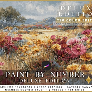 May include: A digital painting kit with a landscape scene featuring colorful flowers and a mountain backdrop. The text reads "DELUXE EDITION" and "PAINT BY NUMBER". Includes a custom brush, videos, and a PDF guide.