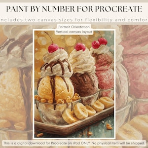 May include: Digital download for Procreate on iPad. The image shows a painting of three ice cream sundaes with whipped cream, chocolate sauce, and cherries. The sundaes are in glass bowls with banana slices.