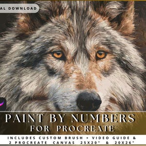 Puede incluir: Descarga digital para Procreate con un retrato de lobo con ojos ámbar. Incluye pincel personalizado, guía en vídeo y dos lienzos Procreate, 63,5x50,8 cm y 50,8x66 cm. La imagen tiene texto que dice "Paint by Numbers for Procreate".