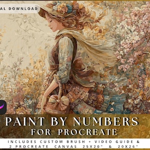 Può includere: Download digitale di un design di pittura numerica per Procreate. L'immagine presenta una donna con un vestito e un cappello floreali, che cammina in un giardino. Il testo sull'immagine recita "Paint by Numbers for Procreate" e include dimensioni della tela di 63,5 cm x 50,8 cm e 50,8 cm x 66 cm.