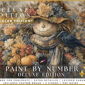 Puede incluir: Una pintura digital de un espantapájaros con un cuervo posado en su hombro, rodeado de flores de otoño y calabazas. La imagen incluye el texto "DELUXE EDITION" y "PAINT BY NUMBER DELUXE EDITION".