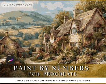 Procreate Color by Number Canvas: Cotswold Village Scene (Digital Download, 25x20&quot;, 67 Colors)