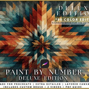 Puede incluir: Diseño de arte digital para Procreate, con un patrón geométrico en tonos turquesa, naranja y beige. El texto dice "DELUXE EDITION" y "PAINT BY NUMBER DELUXE EDITION". Incluye pincel personalizado, videos y una guía PDF.
