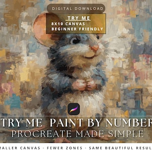 Könnte beinhalten: Digitaler Download eines Malen-nach-Zahlen-Bildes mit einer Maus. Das Bild hat einen strukturierten, malerischen Stil mit einer neutralen Farbpalette. Der Text enthält "Try Me", "8x10 Canvas" und "Beginner Friendly".