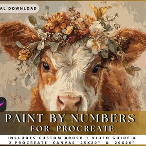 Pode incluir: Download digital de um design de pintura por números para Procreate. A imagem apresenta o rosto de uma vaca adornado com uma coroa floral. Os tamanhos da tela são 63,5 cm x 50,8 cm e 50,8 cm x 66 cm.