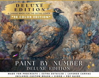 Procreate Paint by Number: Florentine Dusk Peacock & Florals (iPad Canvas, 90 Colors) (Digital Download)