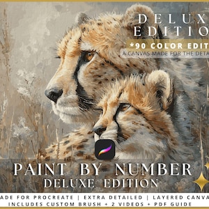 Può includere: Un dipinto digitale di due ghepardi, un adulto e un cucciolo, in un ambiente naturale. L'immagine è etichettata come "DELUXE EDITION" e "PAINT BY NUMBER DELUXE EDITION". Il testo menziona anche "90 COLOR EDITION" e "A CANVAS MADE FOR THE DETAIL-LOVER".