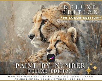 Quiet Strength, Side by Side Deluxe Paint by Number for Procreate, Wildlife Cheetah Duo Digital Color by Number Canvas, 90 Colors, 20k Zones