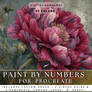 May include: Digital download of a floral paint-by-numbers design for Procreate. The image features a large, detailed peony in shades of pink and purple, with green foliage. Includes custom brush, videos, and 2 canvases: 25x20" and 20x26".
