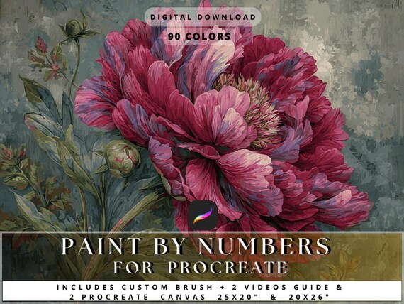 Scarlet Elegance Peony Flower Color by Number for Procreate. Detailed Floral Canvas. Digital Painting Download