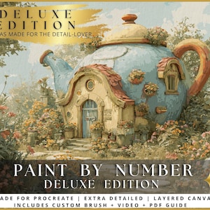 May include: A paint-by-number Deluxe Edition canvas depicting a blue teapot-shaped house with a red roof, set amidst flowers and greenery. The text "DELUXE EDITION" and "PAINT BY NUMBER" are visible.