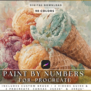 May include: An artistic digital download featuring a colorful painting of ice cream cones and scoops. The image includes text that reads "Paint by Numbers for Procreate" and "90 Colors". The canvas sizes are 25x20 inches and 20x26 inches.