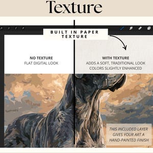 Side-by-side comparison of a digital Procreate painting with and without paper texture, showing how texture adds a soft, traditional look and enhances color subtly.