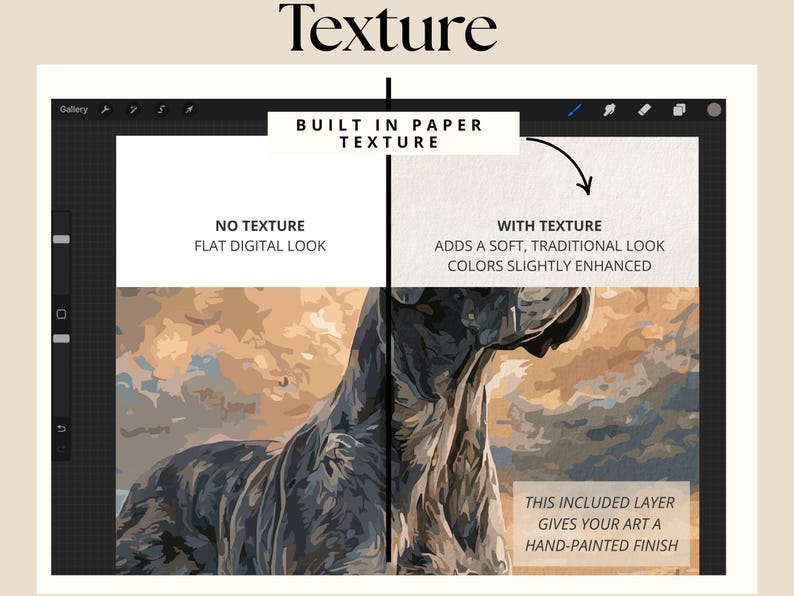 Side-by-side comparison of a digital Procreate painting with and without paper texture, showing how texture adds a soft, traditional look and enhances color subtly.