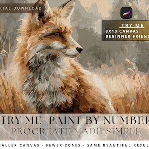 Op de afbeelding: Digitale download van een paint-by-number illustratie van een vos. Het kunstwerk toont een gedetailleerde vos in tinten bruin, wit en grijs, tegen een achtergrond van hoog gras. Tekst op de afbeelding luidt "Try Me" en "8x10 Canvas Beginner Friendly."