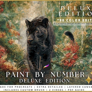 Puede incluir: Un kit de pintura por números con una pantera negra caminando por una jungla exuberante y colorida. La imagen incluye el texto "DELUXE EDITION" y "90 COLOR EDITION". El kit está diseñado para Procreate e incluye un pincel personalizado, videos y una guía PDF.