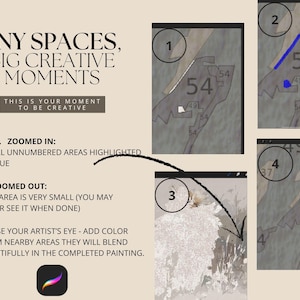 K&ouml;nnte beinhalten: Lehrreiche Grafik mit dem Text &bdquo;TINY SPACES, BIG CREATIVE MOMENTS&ldquo;. Sie zeigt vergr&ouml;&szlig;erte und verkleinerte Ansichten eines Gem&auml;ldes und hebt Bereiche in Blau hervor. Der Text r&auml;t, Farbe aus der N&auml;he hinzuzuf&uuml;gen, um sie zu vermischen.