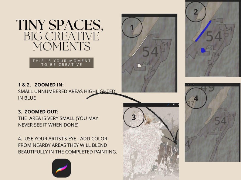 K&ouml;nnte beinhalten: Lehrreiche Grafik mit dem Text &bdquo;TINY SPACES, BIG CREATIVE MOMENTS&ldquo;. Sie zeigt vergr&ouml;&szlig;erte und verkleinerte Ansichten eines Gem&auml;ldes und hebt Bereiche in Blau hervor. Der Text r&auml;t, Farbe aus der N&auml;he hinzuzuf&uuml;gen, um sie zu vermischen.