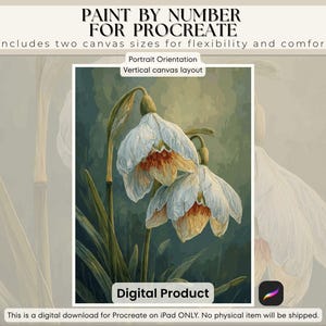 以下が含まれることがあります： iPadのProcreate用デジタルダウンロード。白い花とオレンジ色の花、緑の葉、そして「PAINT BY NUMBER FOR PROCREATE」というテキストが描かれた花の絵です。2つのキャンバスサイズが含まれています。