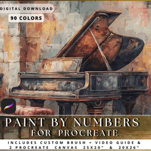 May include: Digital download paint-by-numbers design for Procreate, featuring a grand piano. The image includes 90 colours and two canvas sizes: 63.5cm x 50.8cm and 50.8cm x 66cm. Includes custom brush and video guide.