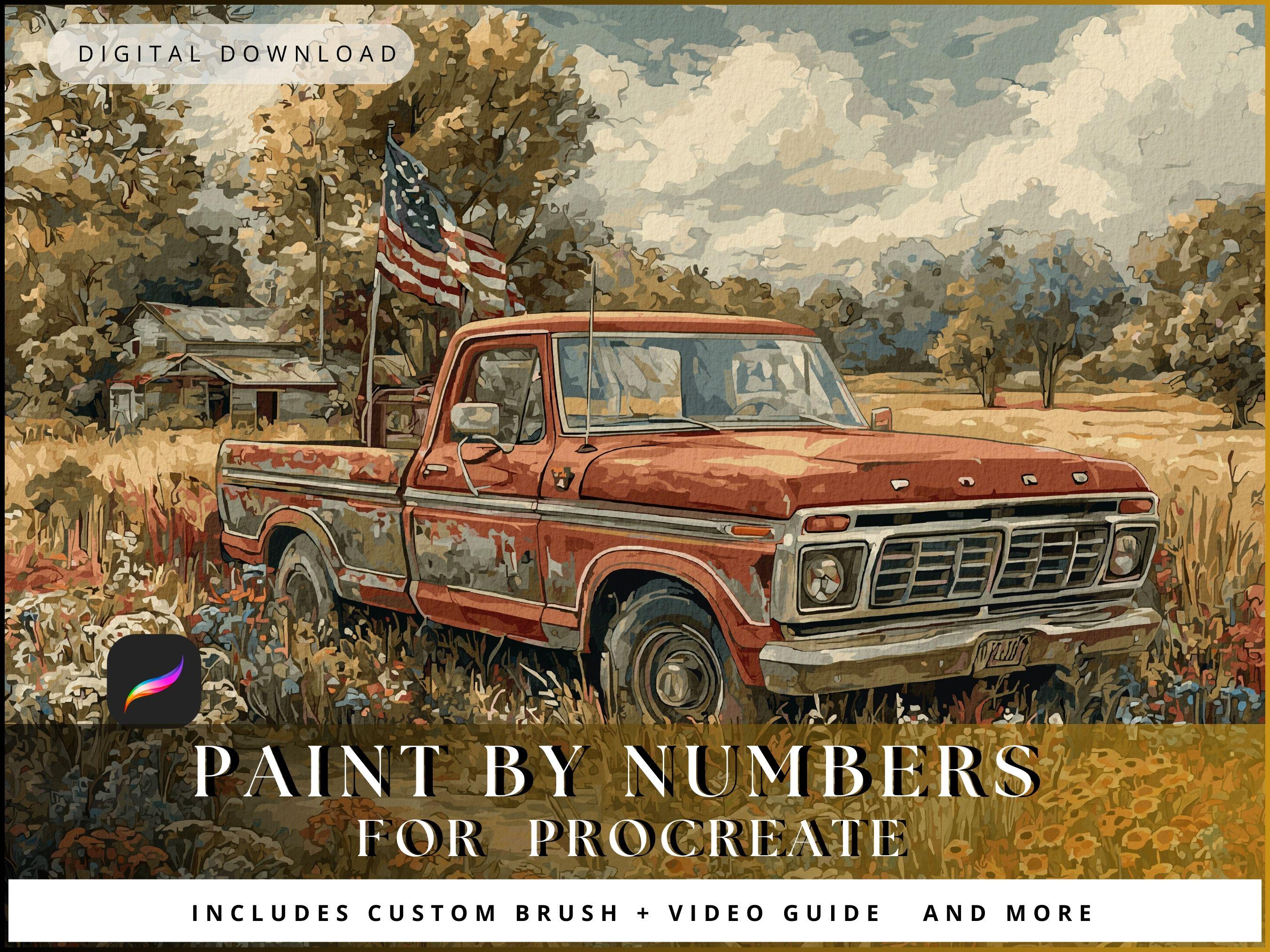 The Old Red Ford – Procreate Paint by Number | Patriotic Vintage Truck PBN | Layered Digital Canvas | 69 Colors, 16,366 Zones
