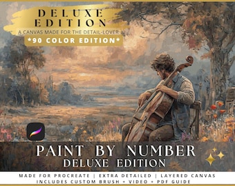 Procreate Paint by Number Twilight Interlude, Musician in Sunset Field, Deluxe iPad Canvas, 90 Colors, 22k Zones