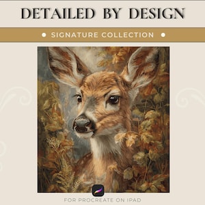 May include: A digital illustration of a young deer surrounded by autumn foliage. The text DETAILED BY DESIGN, SIGNATURE COLLECTION, and FOR PROCREATE ON IPAD appears on the frame. The deer has brown fur, large dark eyes, and white spots.